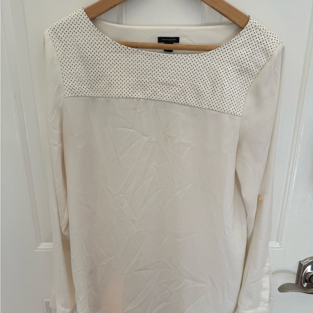 Ann Taylor perforated faux leather yoke top size M ivory